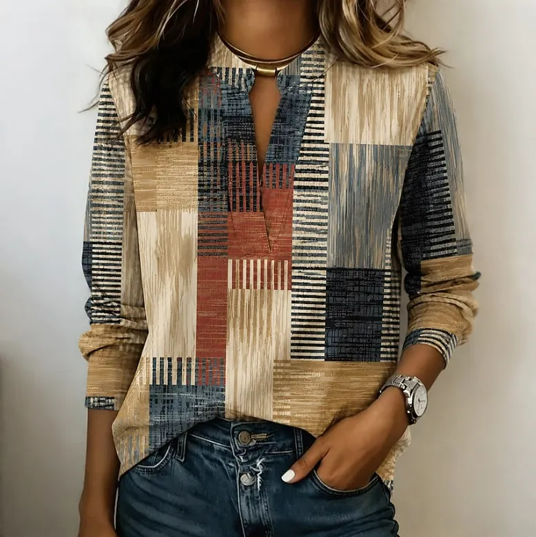 Comstylish Women's Retro Geometric Art Print V-neck Shirt