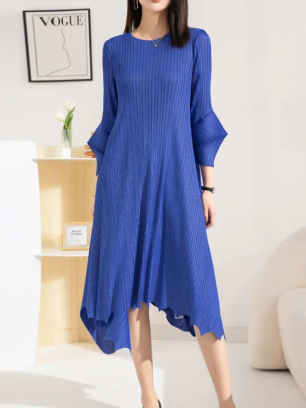 Irregular Clipping Loose Pleated Solid Color Round-Neck Midi Dresses