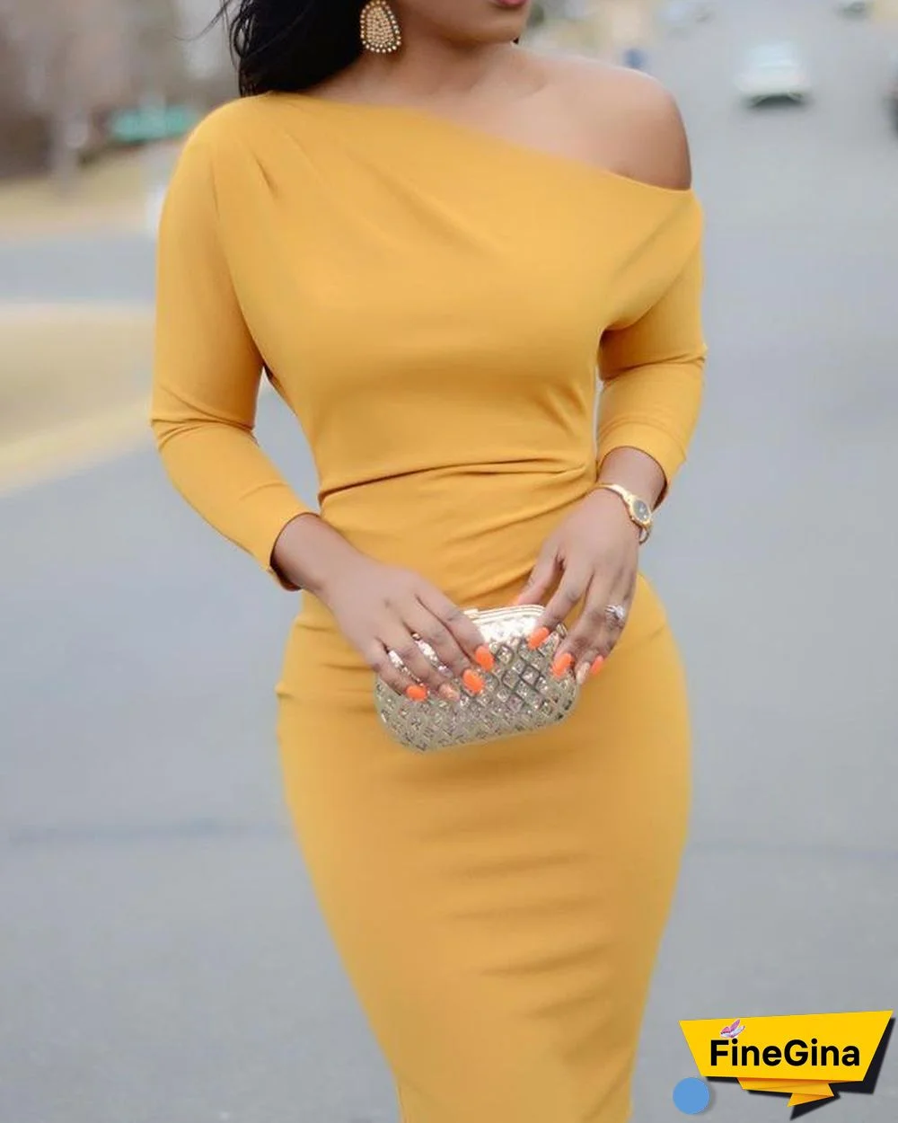 Solid Skew Neck Bodycon Dress P15278