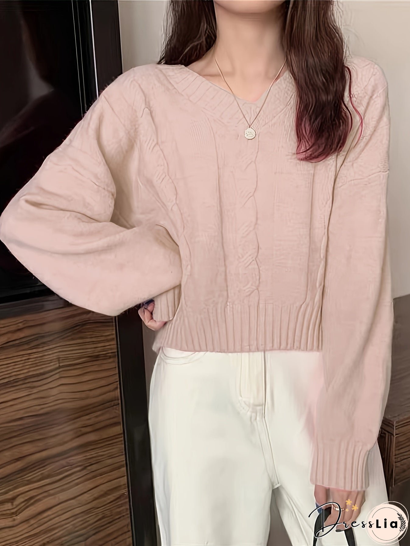 Solid V Neck Cable Knit Sweater, Casual Long Sleeve Pullover Sweater, Women's Clothing