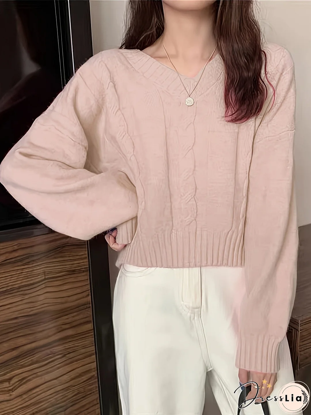 Solid V Neck Cable Knit Sweater, Casual Long Sleeve Pullover Sweater, Women's Clothing