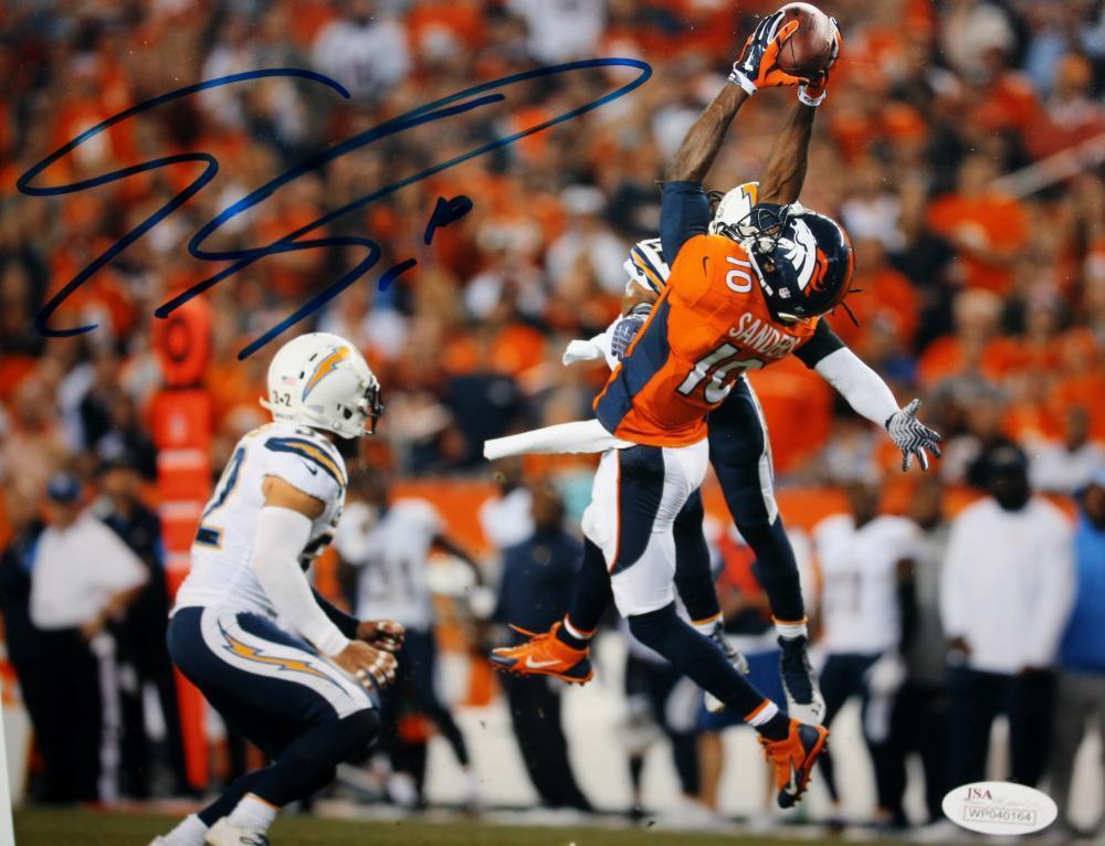 Emmanuel Sanders Autographed Broncos 8x10 Leap for Ball Photo Poster painting- JSA Witness Auth