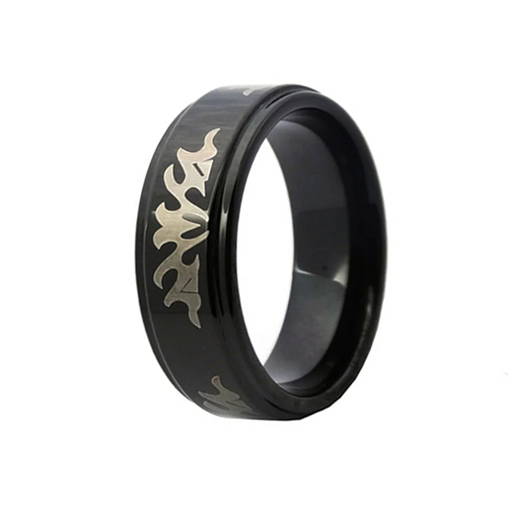8MM Laser Pattern Black Tungsten Carbide Couple Rings with Step Edge Wedding Band