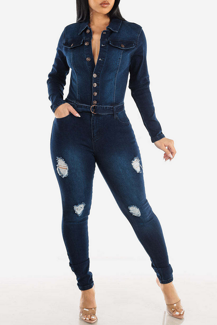 Denim Frayed Ripped Long Sleeve Button Slim Fit Jumpsuit-Navy
