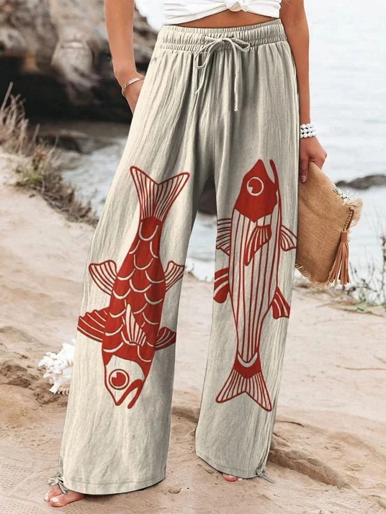Women's Red Fish Vintage Art Printed Cotton And Linen Casual Pants