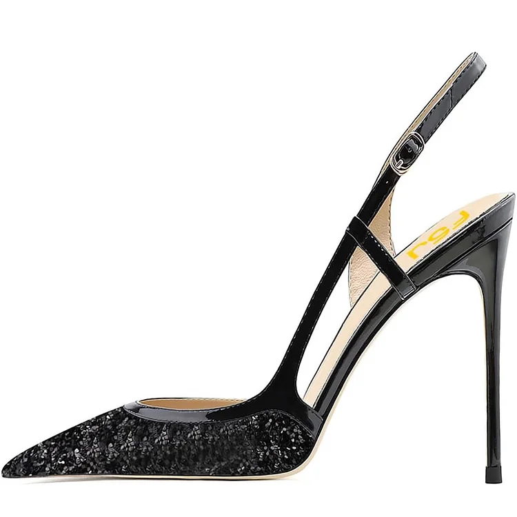 Black Glitter Slingback Pumps Pointed Toe Sparkling Heels for Women |FSJ Shoes