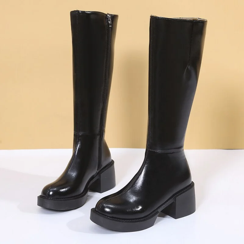Women's Fashion Thigh High Long Boots Solid Square Heels Ladies Shoes Autumn Winter Soft Leather Zip Female Knee High Boots 2021