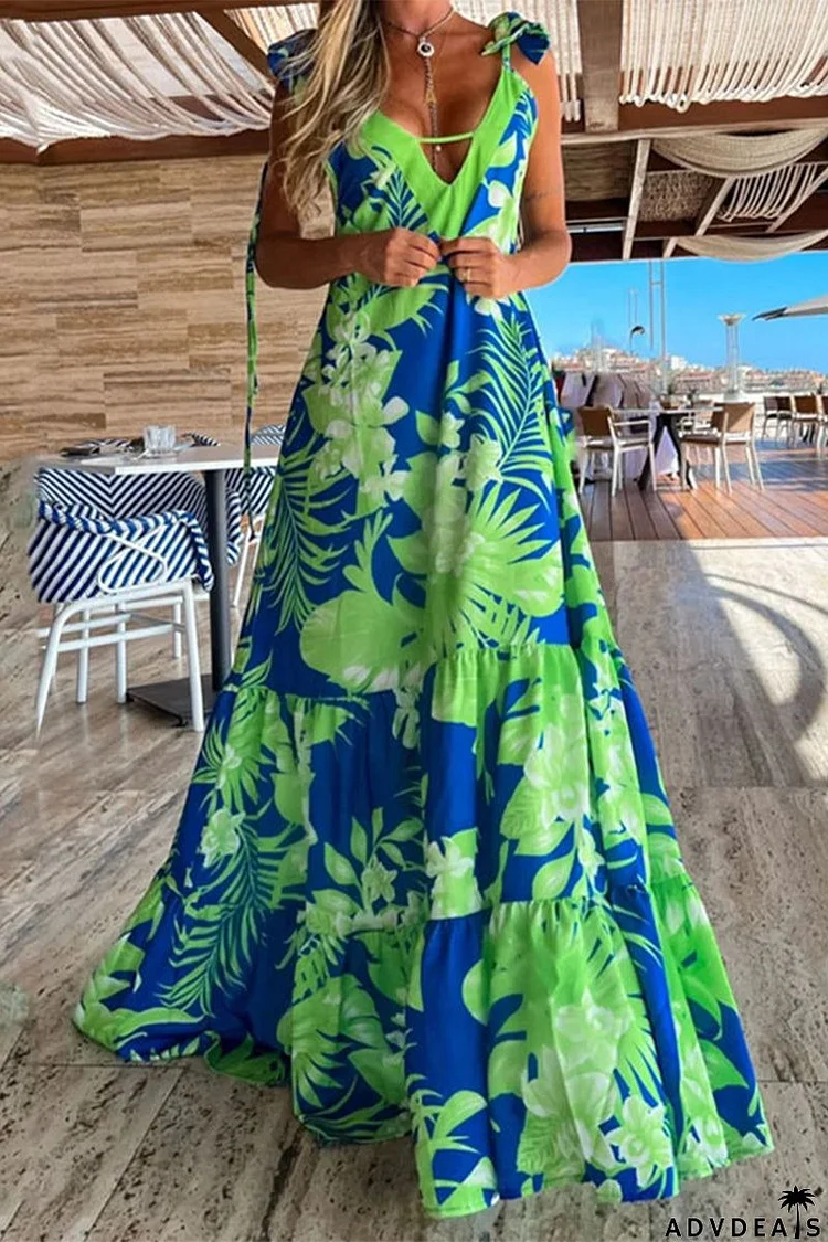 Sexy Vacation Floral Fold V Neck Printed Dress Dresses