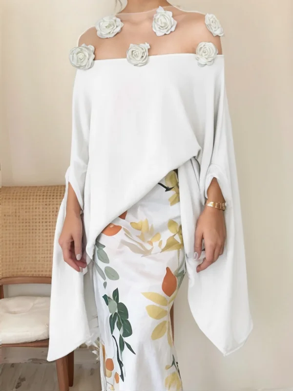 Batwing Sleeves Loose Floral See-Through Split-Joint Three-Dimensional Flower Round-Neck Blouses&Shirts Tops