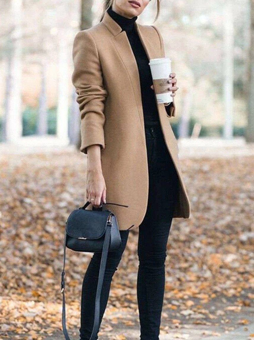 Solid Color Stand-Up Collar Pocket Coat