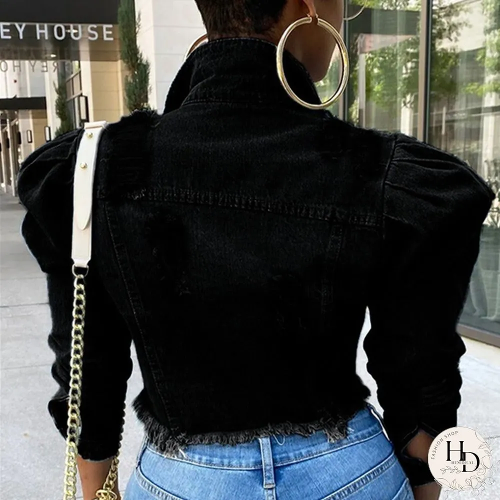 Women's Fashion Short Denim Jacket Puff Sleeve Denim Jacket