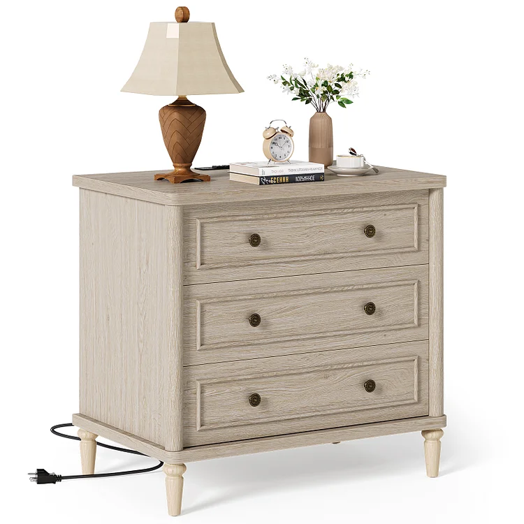Bestier Farmhouse Nightstand with 3 Drawers, Wood Bedside Table Night Stand with Charging Station, Sofa Side End Table for Bedroom, Living Room