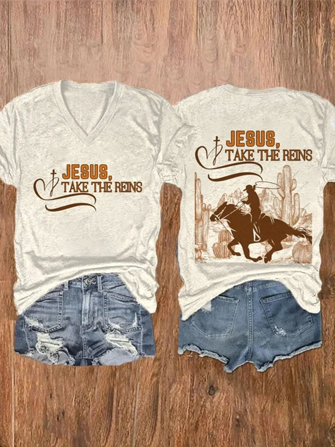 Women's Jesus Take The Reins Print Casual T-Shirt socialshop