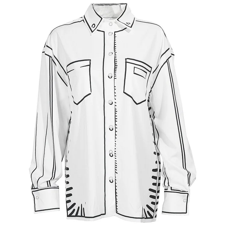 Design Lapel Comics Printed Single-breasted Long Sleeve Shirt 