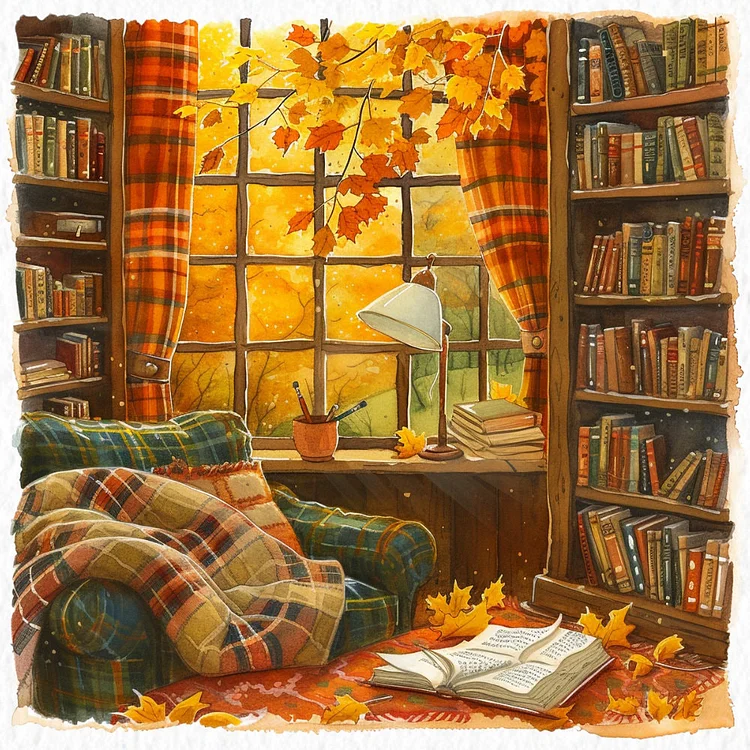 Autumn Leaves Room Bookshelf 40*40CM(Canvas) Diamond Painting gbfke