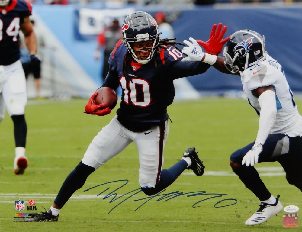 DeAndre Hopkins Autographed Texans 16x20 Stiff Arm PF Photo Poster painting- JSA W Auth *Blue