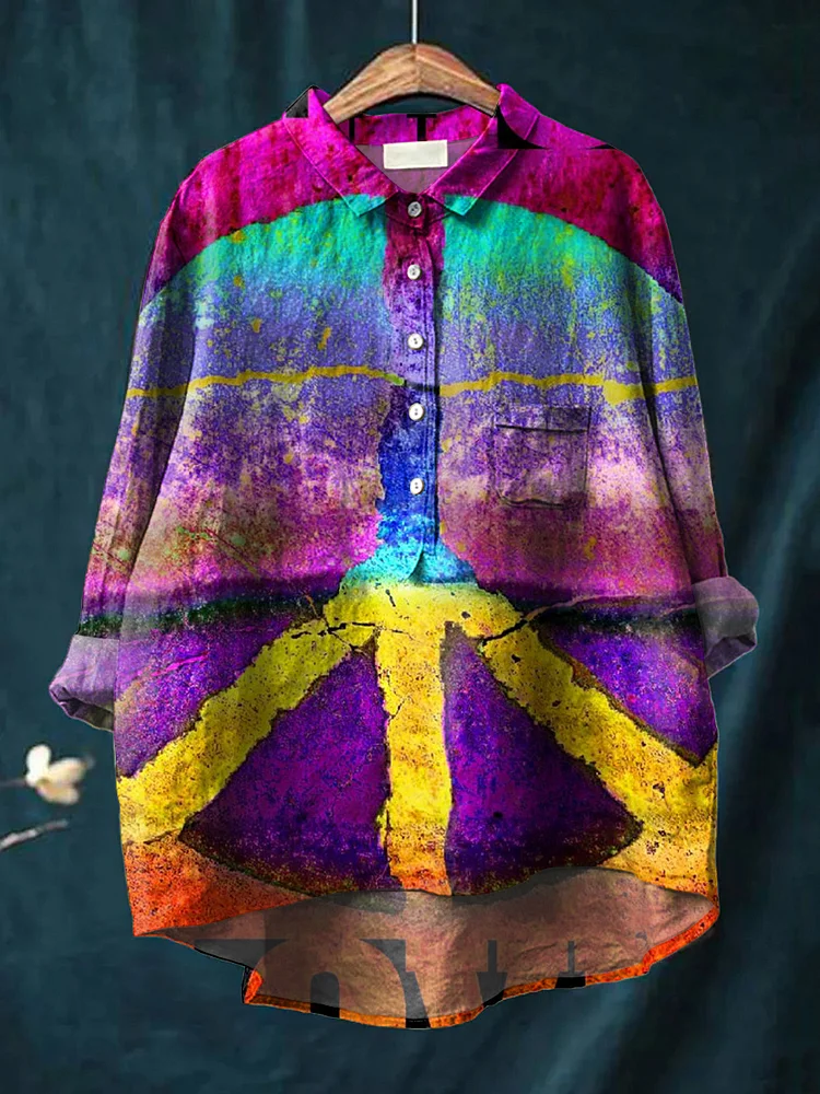 Women's Rainbow Colored Vintage Peace Sign Print Casual Cotton And Linen Shirt socialshop