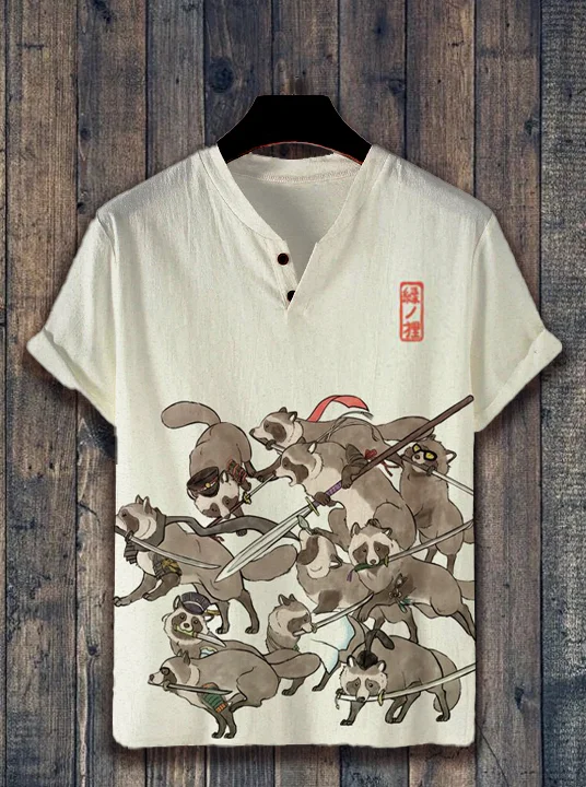 Men's Japanese Art Raccoon Print Casual V Neck Button T-Shirt