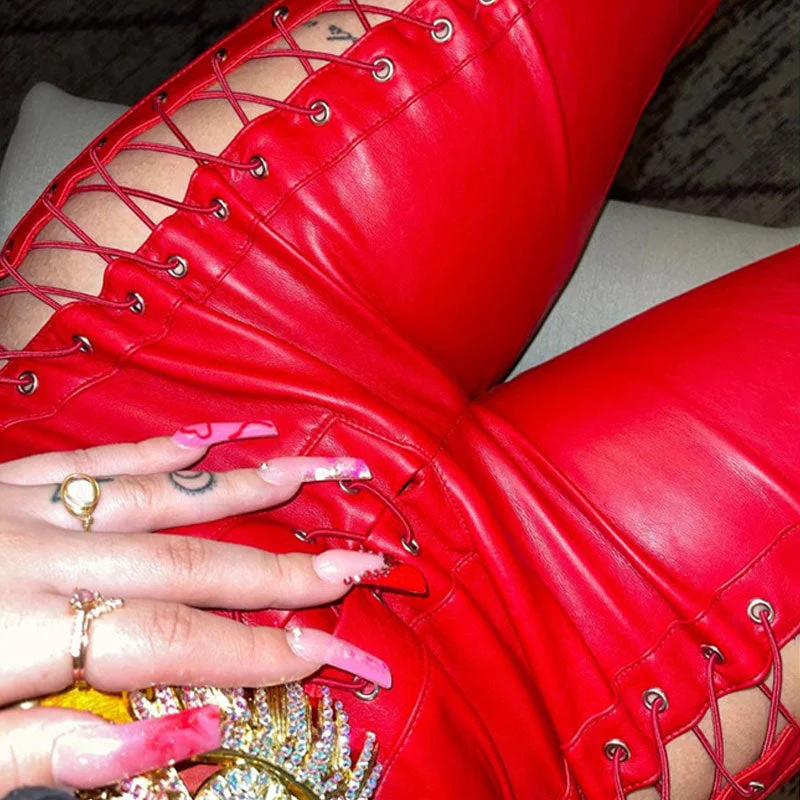 Unique High Waist Lace Up Cut Out High Waist Leather Pants - Red