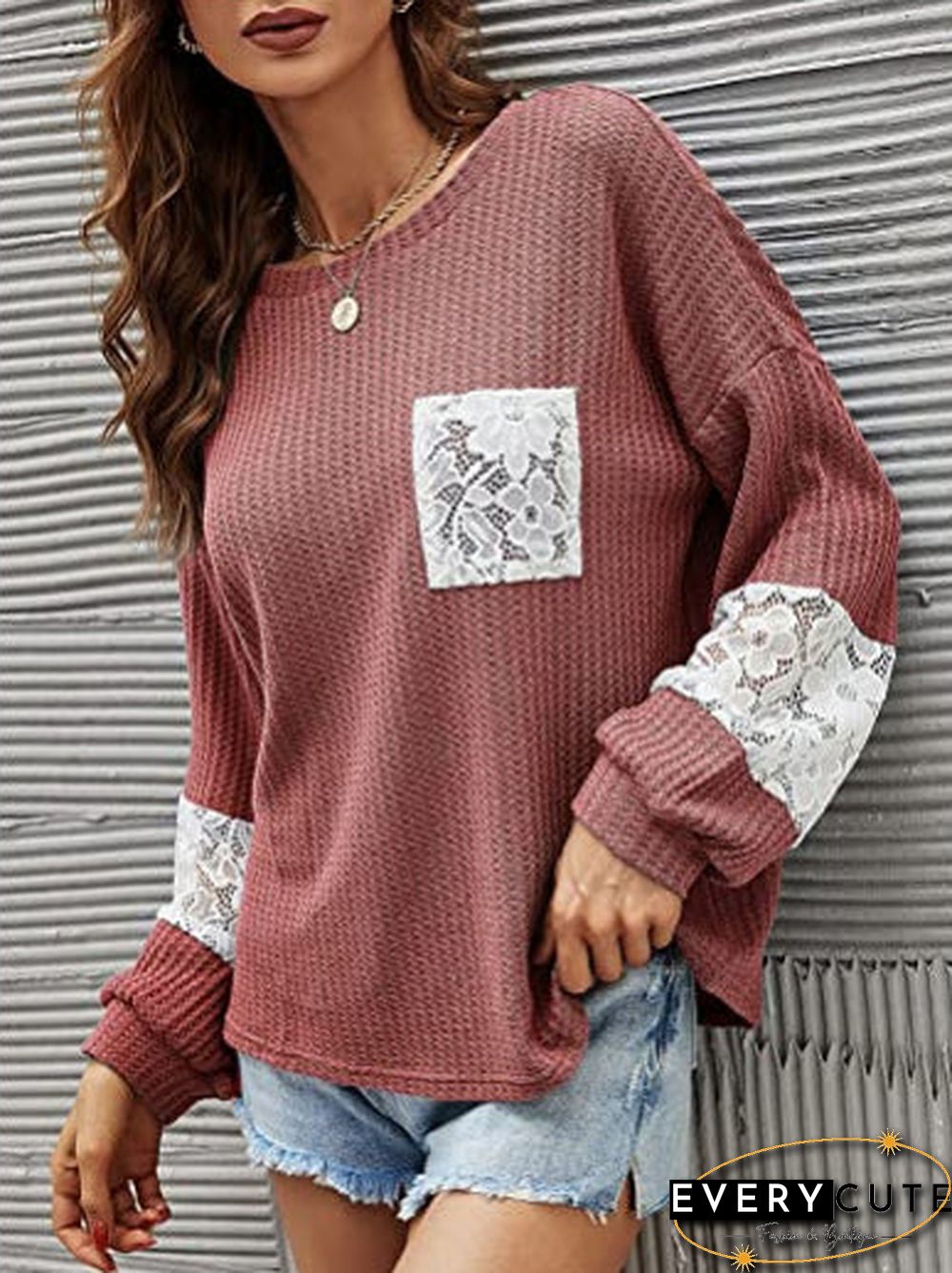 Casual Lace Pocket Round Neck Sweatshirt