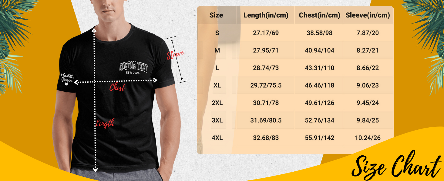 Custom Embroidered Tee Shirt with Name, Customizable Couples T Shirt Design Your Own Size Chart