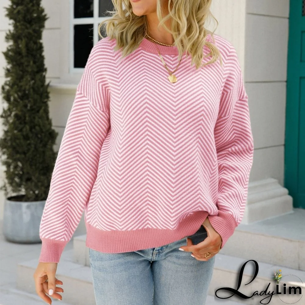 WomenBasic Round Neck Long Sleeve Striped Sweater