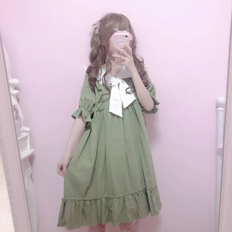 Woherb Kawaii Lolita Dress Women Japanese Preppy Style Harajuku Dresses Short Sleeve Ruffles Patchwork Peter Pan Collar Robe