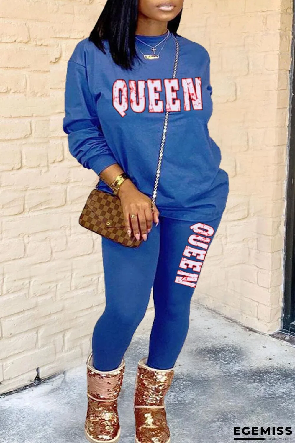 Blue Casual Print O Neck Long Sleeve Two Pieces | EGEMISS