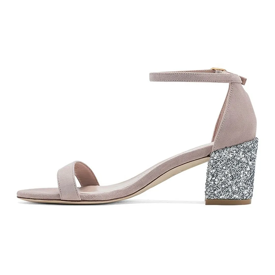 Stylish Nude Round Toe Chunky Heel Glitter Ankle Strap Sandals