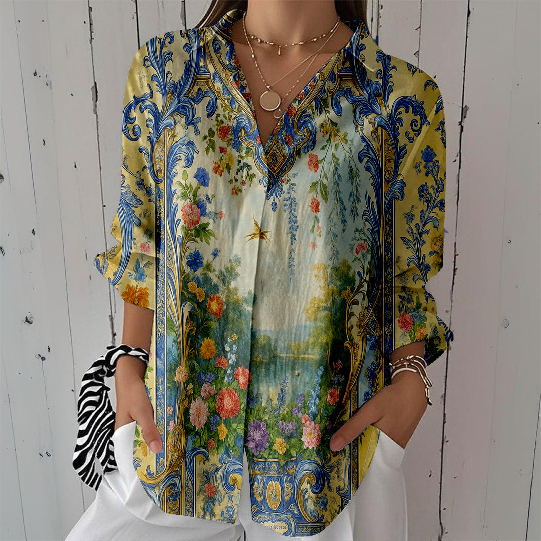 Women Long Sleeve V-neck Graphic Floral Printed Top