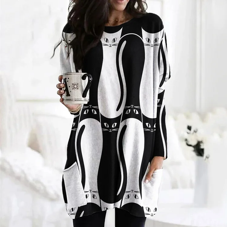 Wearshes Contrast Cat Print Crew Neck Long Sleeve Tunic