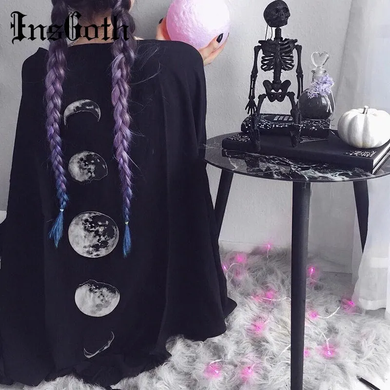 InsGoth Black Capes Coat Vintage Moon Print Gothic Loose Women Batwing Duplex Shawl Long Sleeve Cape Autumn Female Outerwear