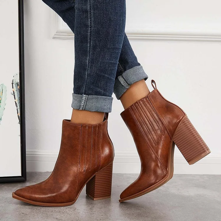 Chunky Block Heel Chelsea Booties Western Cowboy Ankle Boots