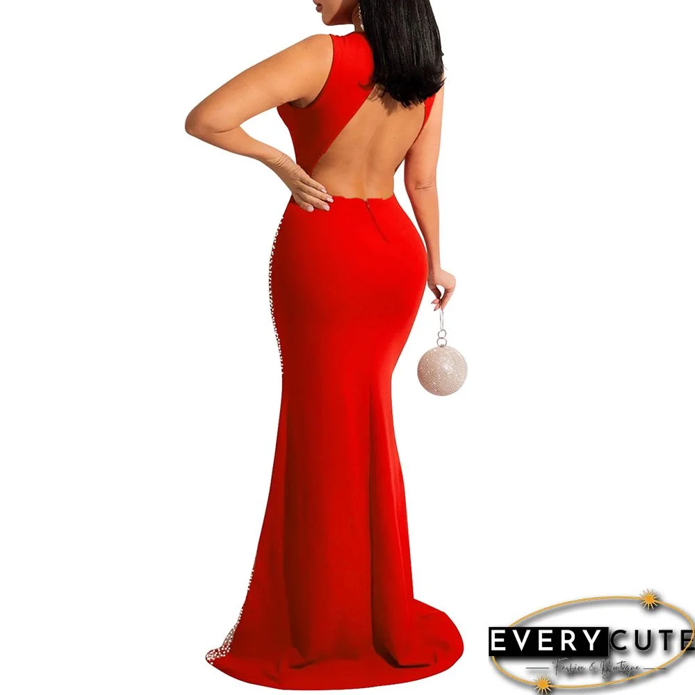 Red Rhinestones Mesh Sleeveless Maxi Dress