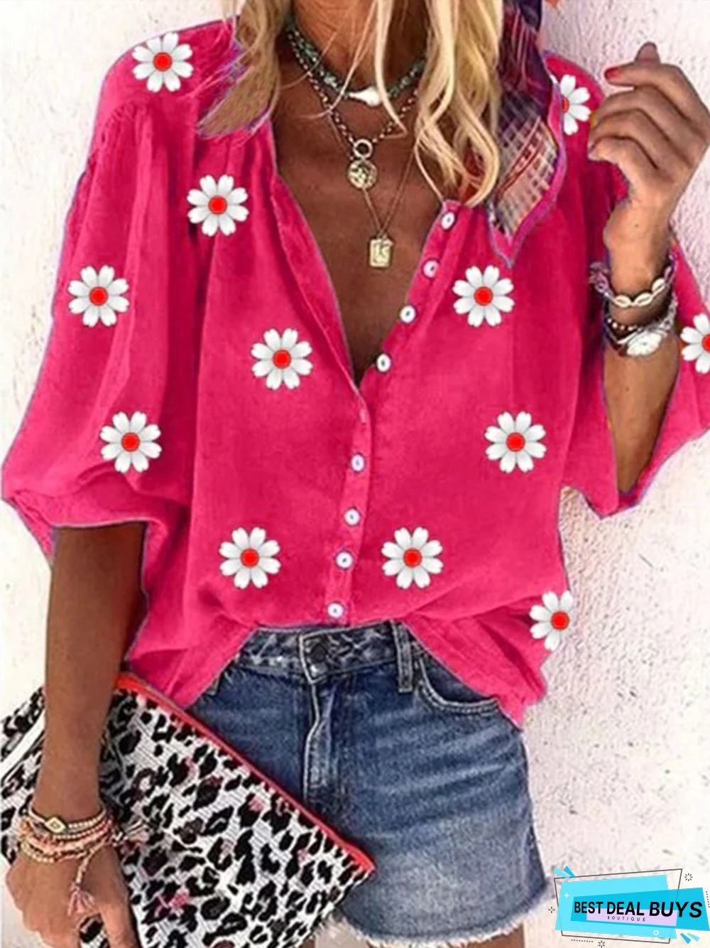 Casual Daisy Loose V neck Three Quarter Blouse