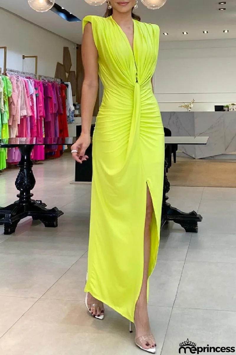 Casual Solid Slit V Neck Long Dress Dresses