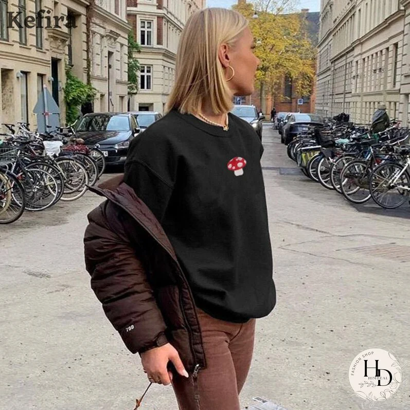 Christmas Gift Kefira Spring/Autum Mushroom Embroidery Sweatshirts Women Casual Loose Long Sleeve Hoodies Cartoon Graphic Vintage Pullovers