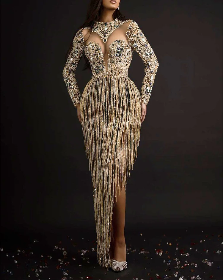 Women's Long Sleeve Sequined Tassel Dress