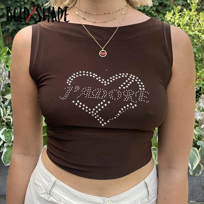 Bold Shade Letter Rhinestone Sleeveless Crop Tops Brown Indie Aesthetic Fashion 90s Slim Tank Top Women Party Y2K Streetwear