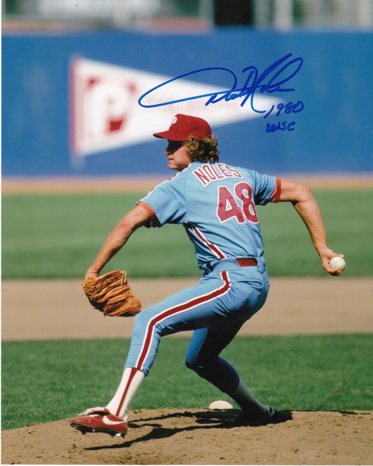 DICKIE NOLES PHILADELPHIA PHILLIES 1980 WS CHAMPS ACTION SIGNED 8x10