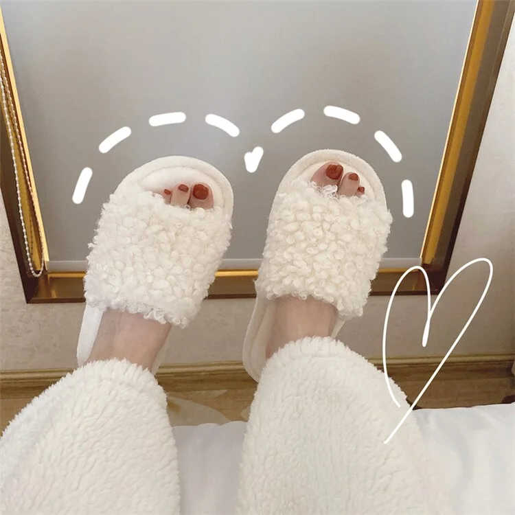Kawaii Woman Slippers White Open-toe Cute Teddy Bear Fluffy Slippers Winter Warm Fuzzy Indoor Slippers Zapatillas Mujer