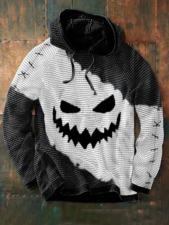 Men's Halloween Face Print Casual Hooded Sweatshirt