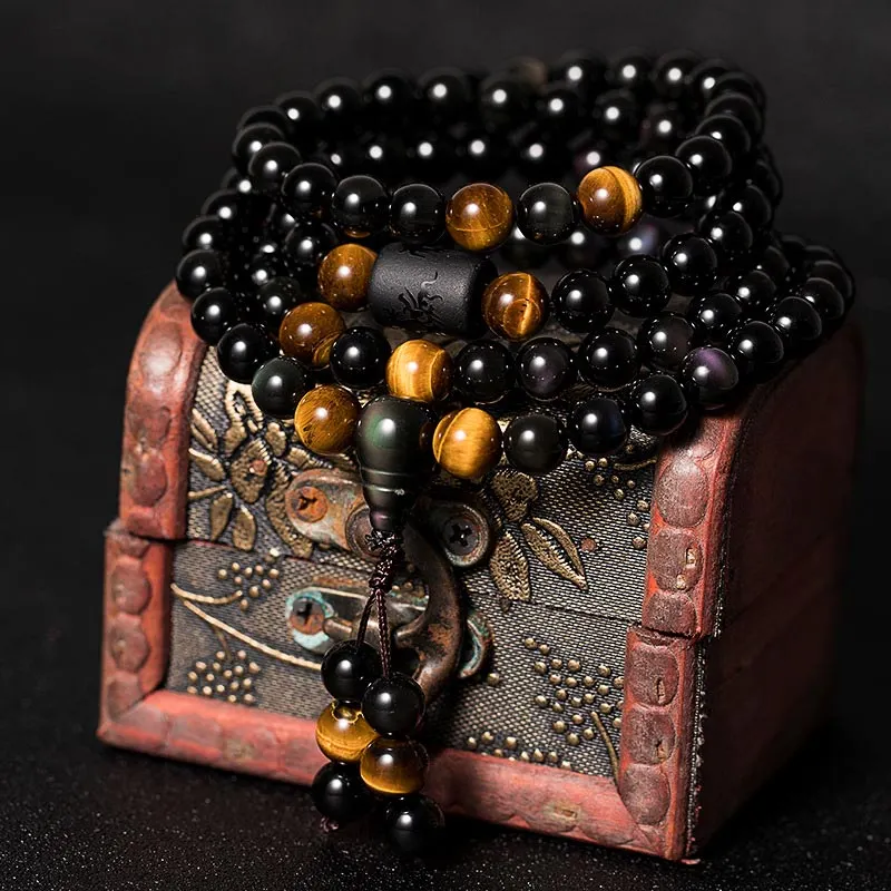 Natural Black Obsidian Rainbow Obsidian Gourd Blessing Bracelet Necklace Mala