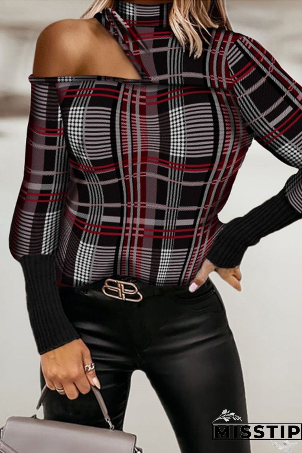 Brown Fashion Casual Print Hollowed Out Turtleneck Tops