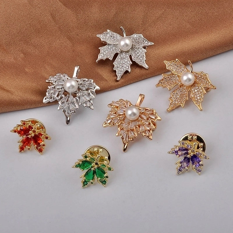 Fashion Pin Maple Leaf Copper Plating Inlay Pearl Zircon Women'S Brooches