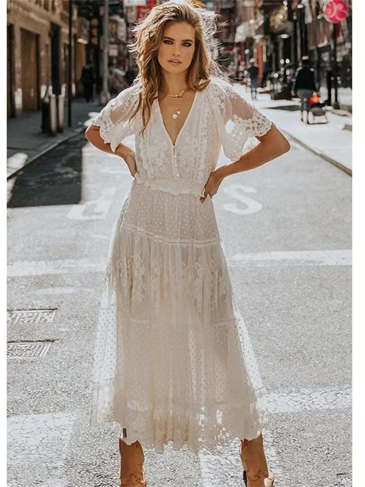 Spring and Summer Solid Lace Patchwork Lace 3 / 4 Sleeve Medium Length Dress