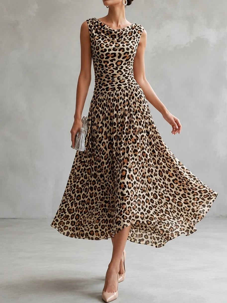 Retro French Sleeveless Pile Collar Waist Leopard Print Dress elevenforest