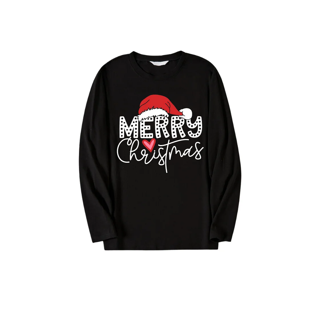 Red Santa Hat "Merry Christmas" Letter Pattern Black Long Sleeve Top
