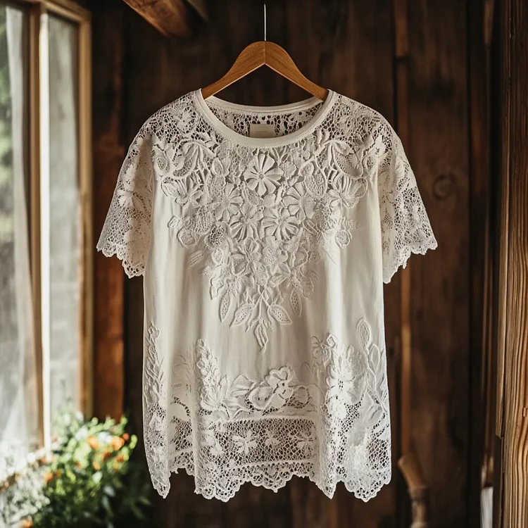 Women's Retro Floral Lace Patchwork Art T- Shirt