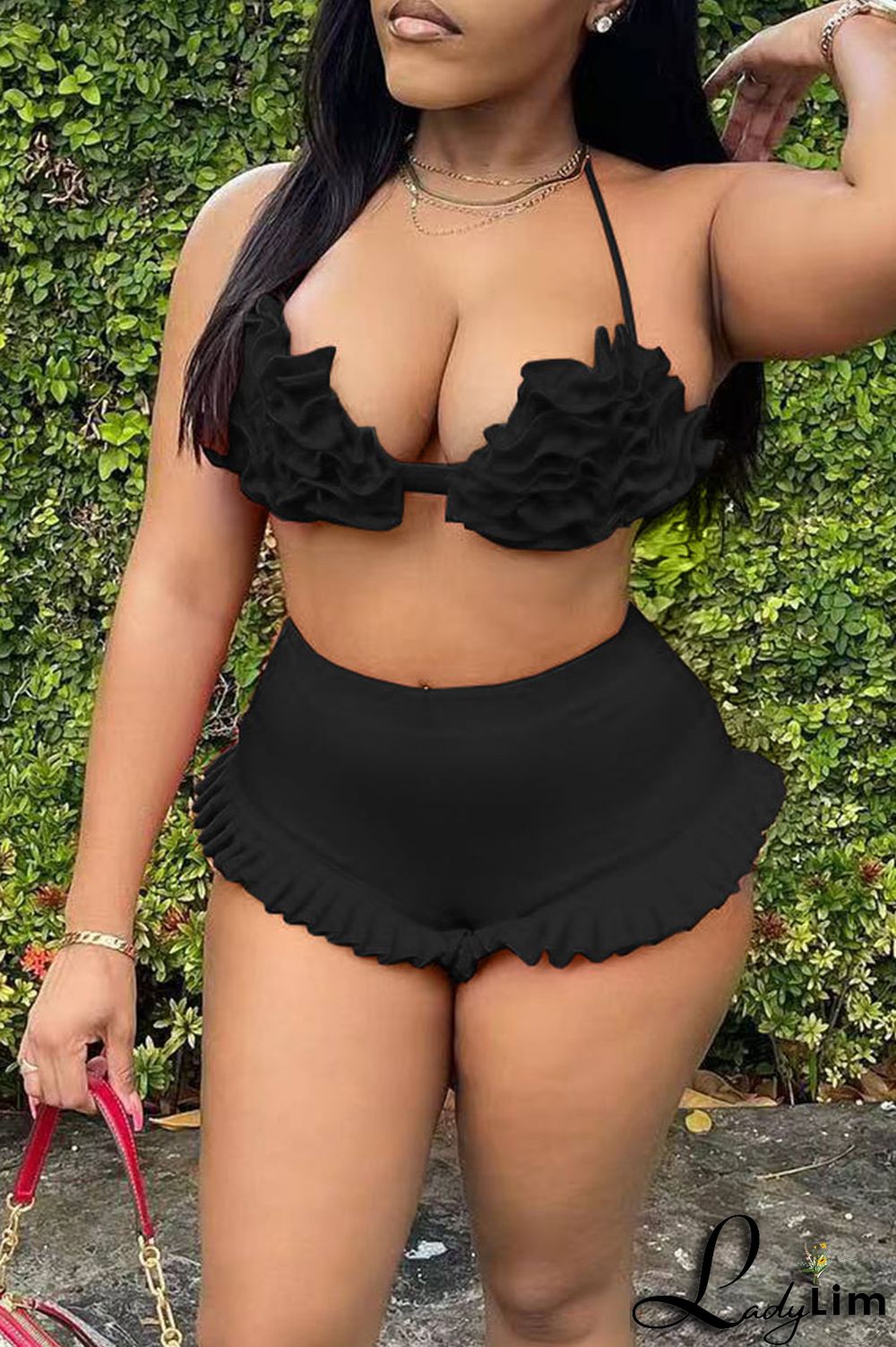 Pink Sexy Solid Split Joint Halter Sleeveless Two Pieces